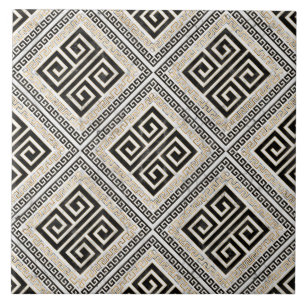 Greek Meander - Greek Key Black and White Marble Tile
