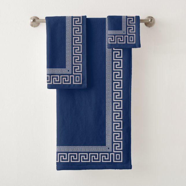 Greek Meander - Greek Key - Blue and beige Bath Towel Set (Insitu)