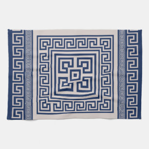 Greek Meander - Greek Key - Blue and beige Kitchen Towel