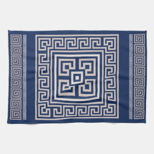 Greek Meander - Greek Key - Blue and Beige Kitchen Towel