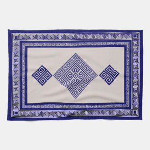 Greek Meander - Greek Key - Blue and Beige Kitchen Towel