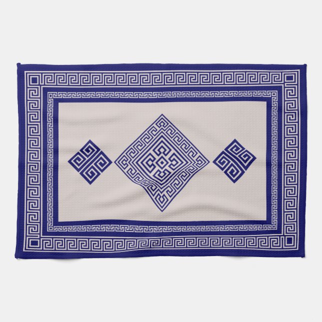 Greek Meander - Greek Key - Blue and Beige Kitchen Towel (Horizontal)