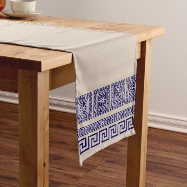 Greek Meander - Greek Key - Blue and beige Long Table Runner (In Situ)