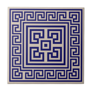Greek Meander - Greek Key - Blue and beige Tile