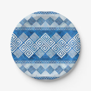 Greek Meander - Greek Key Blue gemstone and pearl Paper Plate