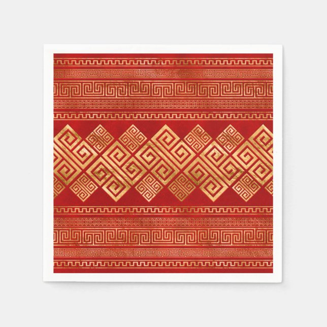 Greek Meander - Greek Key - Gold on Red #1 Napkin (Front)