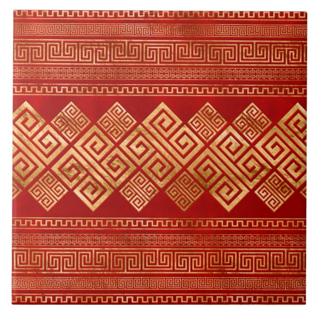 Greek Meander - Greek Key - Gold on Red #1 Tile (Front)