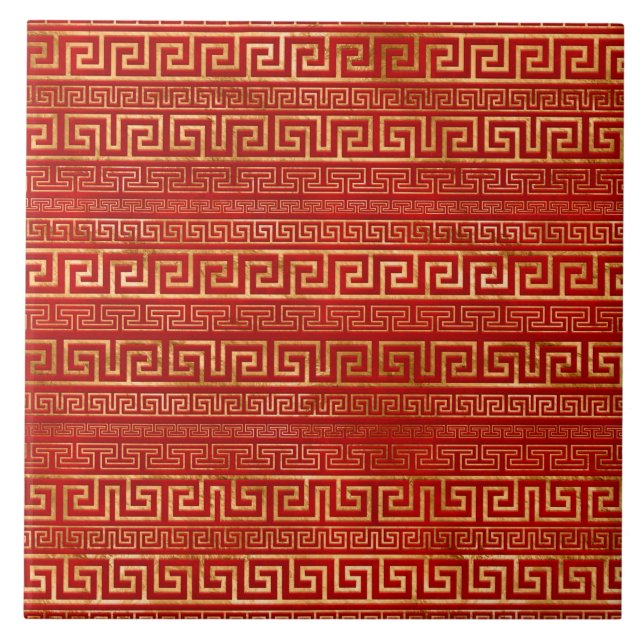 Greek Meander - Greek Key - Gold on Red Tile (Front)