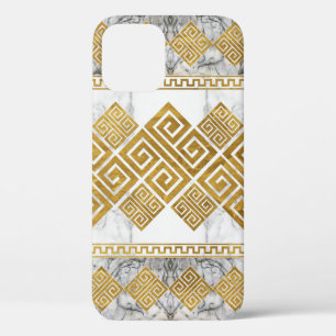 Greek Meander - Greek Key White Marble and Gold iPhone 12 Case