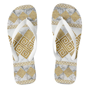 Greek Meander - Greek Key White Marble and Gold Flip Flops