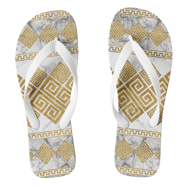 Greek Meander - Greek Key White Marble and Gold Flip Flops (Footbed)