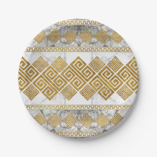 Greek Meander - Greek Key White Marble and Gold Paper Plate
