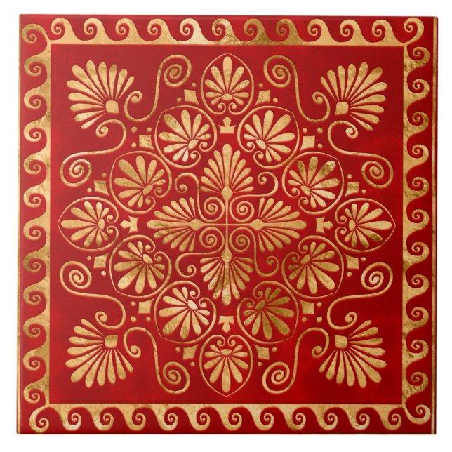 Greek Meander - Greek Ornament - Gold on Red Tile (Front)