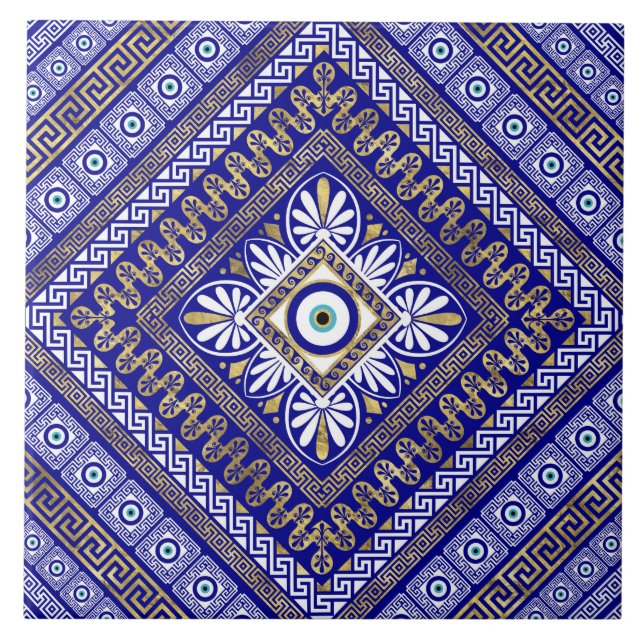 Greek Meander Key and Evil Eye Ornament Tile (Front)