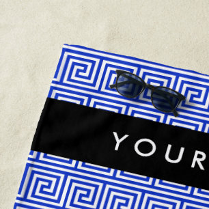 Greek Meander Key Blue, Your Name, Personalize Beach Towel