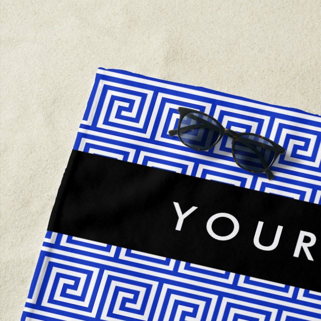 Greek Meander Key Blue, Your Name, Personalize Beach Towel (In Situ)
