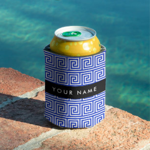 Greek Meander Key Blue, Your Name, Personalize Can Cooler