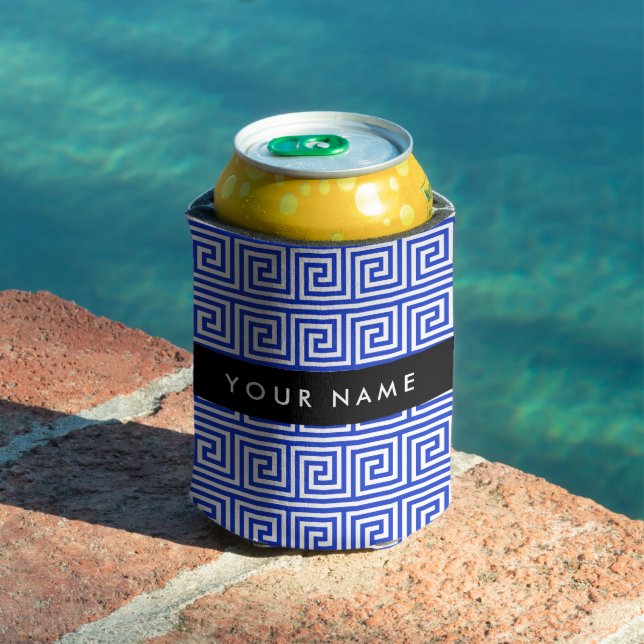 Greek Meander Key Blue, Your Name, Personalize Can Cooler (In Situ Pool)