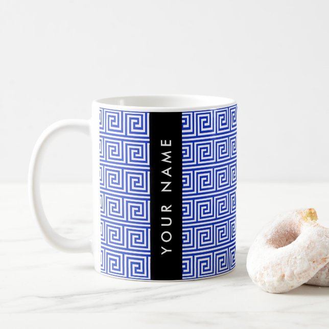 Greek Meander Key Blue, Your Name, Personalize Coffee Mug (With Donut)