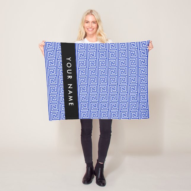 Greek Meander Key Blue, Your Name, Personalize Fleece Blanket (In Situ)