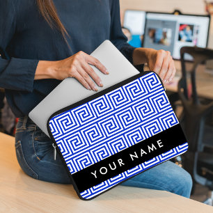 Greek Meander Key Blue, Your Name, Personalize Laptop Sleeve