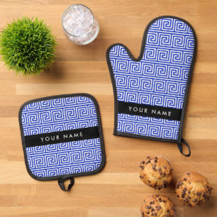 Greek Meander Key Blue, Your Name, Personalize Oven Mitt & Pot Holder Set