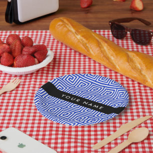 Greek Meander Key Blue, Your Name, Personalize Paper Plate