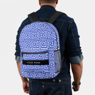 Greek Meander Key Blue, Your Name, Personalize Printed Backpack
