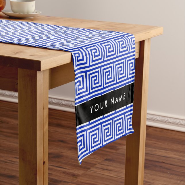 Greek Meander Key Blue, Your Name, Personalize Short Table Runner (In Situ)