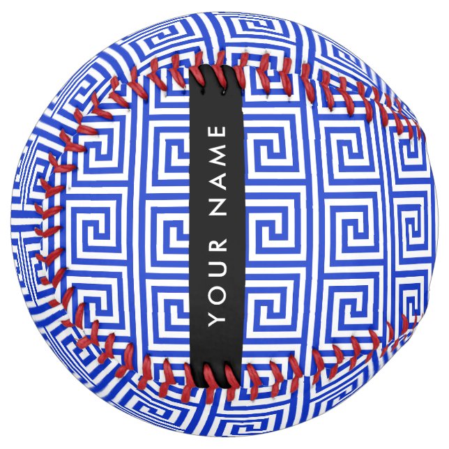 Greek Meander Key Blue, Your Name, Personalize Softball (Front Left)