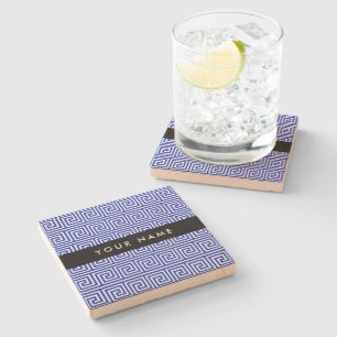 Greek Meander Key Blue, Your Name, Personalize Stone Coaster