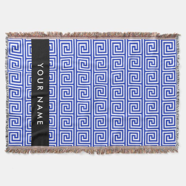 Greek Meander Key Blue, Your Name, Personalize Throw Blanket (Front)