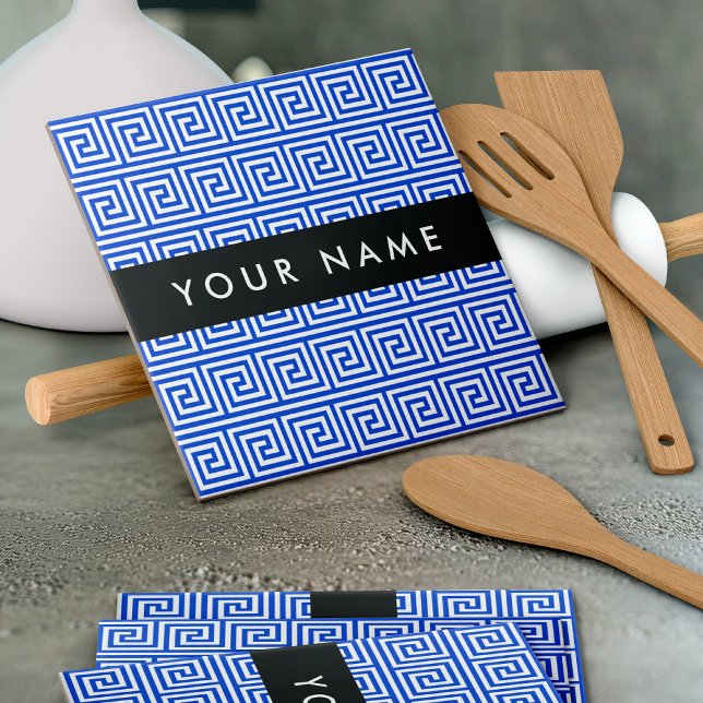 Greek Meander Key Blue, Your Name, Personalize Tile (Creator Uploaded)