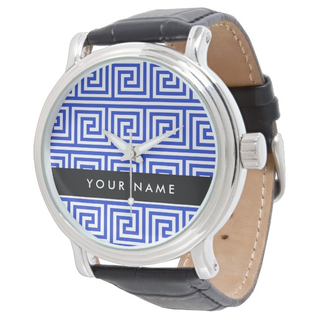 Greek Meander Key Blue, Your Name, Personalize Watch (Angled)