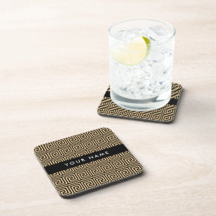 Greek Meander Key Brown, Your Name, Personalize Coaster