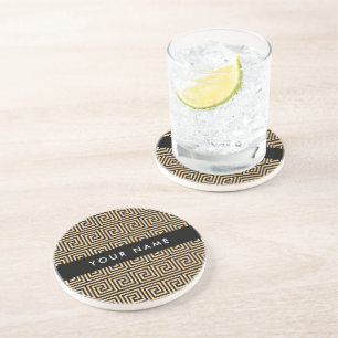 Greek Meander Key Brown, Your Name, Personalize Coaster