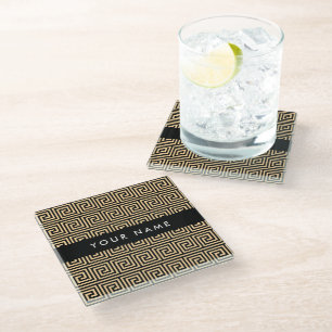 Greek Meander Key Brown, Your Name, Personalize Glass Coaster