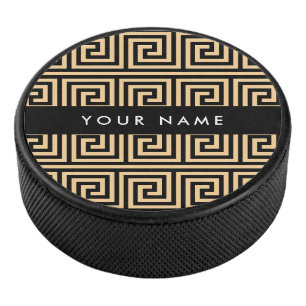 Greek Meander Key Brown, Your Name, Personalize Hockey Puck