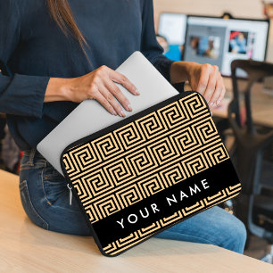 Greek Meander Key Brown, Your Name, Personalize Laptop Sleeve