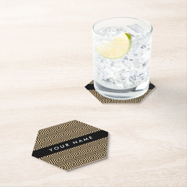 Greek Meander Key Brown, Your Name, Personalize Paper Coaster (Insitu)