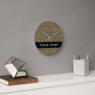 Greek Meander Key Brown, Your Name, Personalize Round Clock