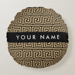 Greek Meander Key Brown, Your Name, Personalize Round Pillow