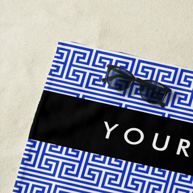 Greek Meander Key H Blue, Your Name, Personalize Beach Towel (In Situ)