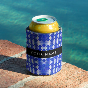 Greek Meander Key H Blue, Your Name, Personalize Can Cooler