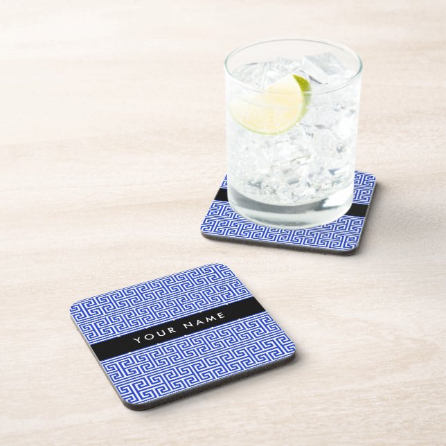 Greek Meander Key H Blue, Your Name, Personalize Coaster (Right Side)