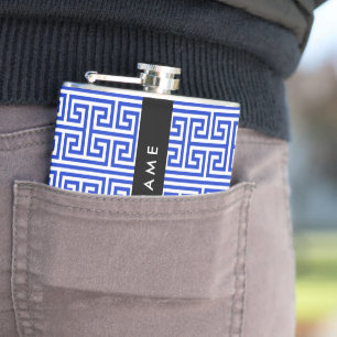 Greek Meander Key H Blue, Your Name, Personalize Hip Flask