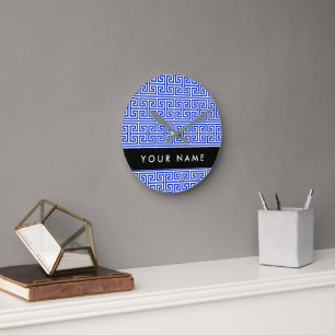 Greek Meander Key H Blue, Your Name, Personalize Round Clock