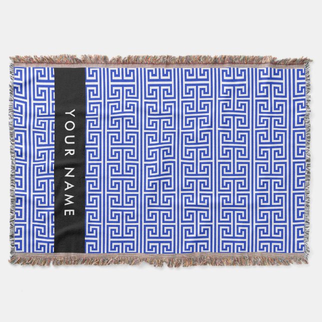 Greek Meander Key H Blue, Your Name, Personalize Throw Blanket (Front)