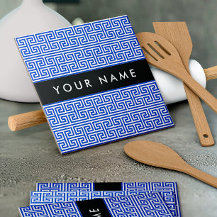 Greek Meander Key H Blue, Your Name, Personalize Tile