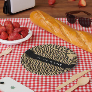 Greek Meander Key H Brown, Your Name, Personalize Paper Plate